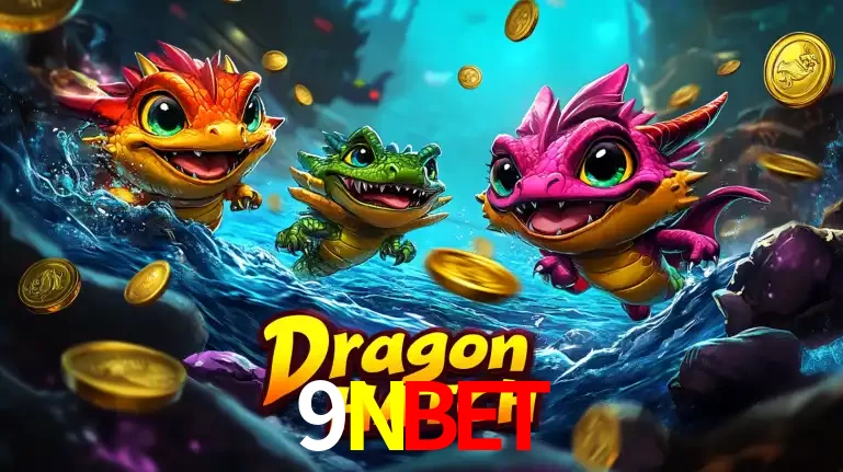 Arte promocional do jogo Dragon Hatch com três adoráveis dragões bebês nadando entre moedas de ouro, um dos slots mais divertidos para jogar no cassino 9NBET.