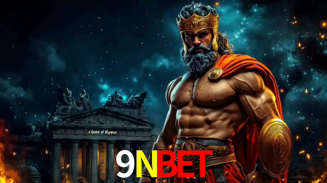 O poderoso Zeus do jogo de slot Gates of Olympus em frente ao seu templo, pronto para lançar multiplicadores divinos e prêmios épicos no cassino online 9NBET.