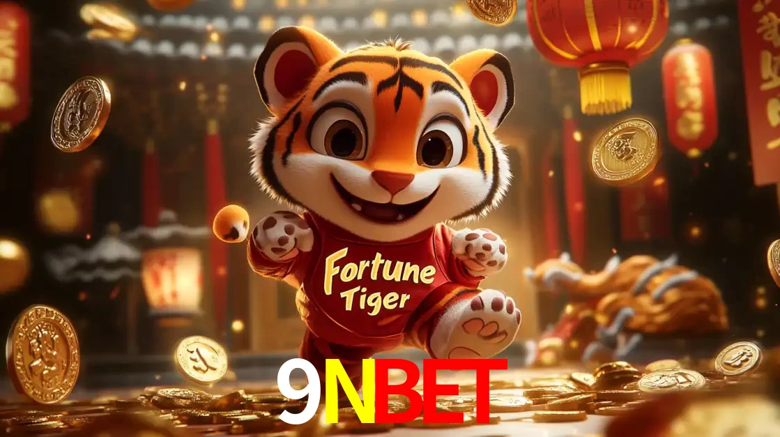 O alegre personagem do Fortune Tiger correndo sobre um caminho de moedas de ouro, simbolizando os grandes prêmios e a diversão do popular jogo de slot do 9NBET.