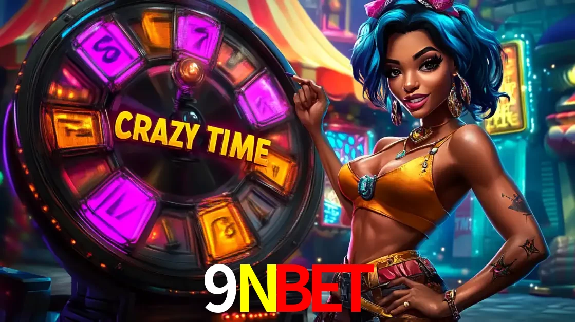 Mulher estilizada com cabelo azul e visual vibrante posando ao lado da roda de prêmios do game show Crazy Time, convidando para a diversão e os bônus do cassino 9NBET.