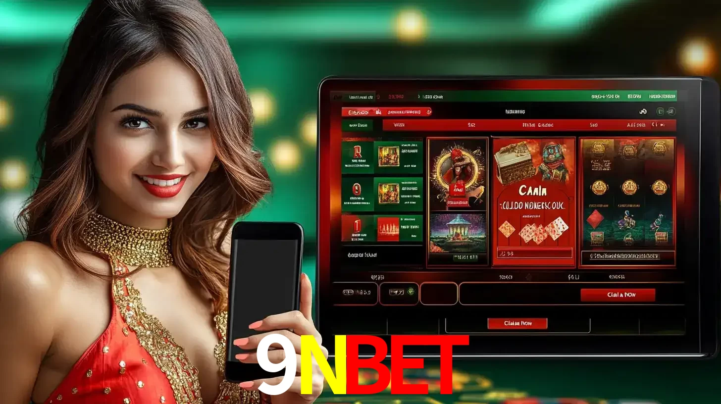 Mulher sorridente segurando um smartphone, ao lado de uma tela exibindo o lobby de jogos do cassino online 9NBET, com várias opções de jogos de cartas e slots.